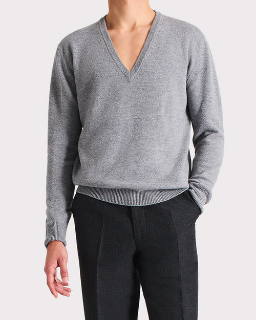 V-NECK SWEATER IN MERINO WOOL – GREY - Husbands Paris - 1