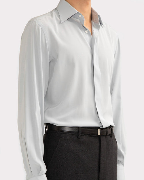 CLASSIC COLLAR SHIRT IN SILK CREPE - POWDER BLUE - Husbands Paris - 3