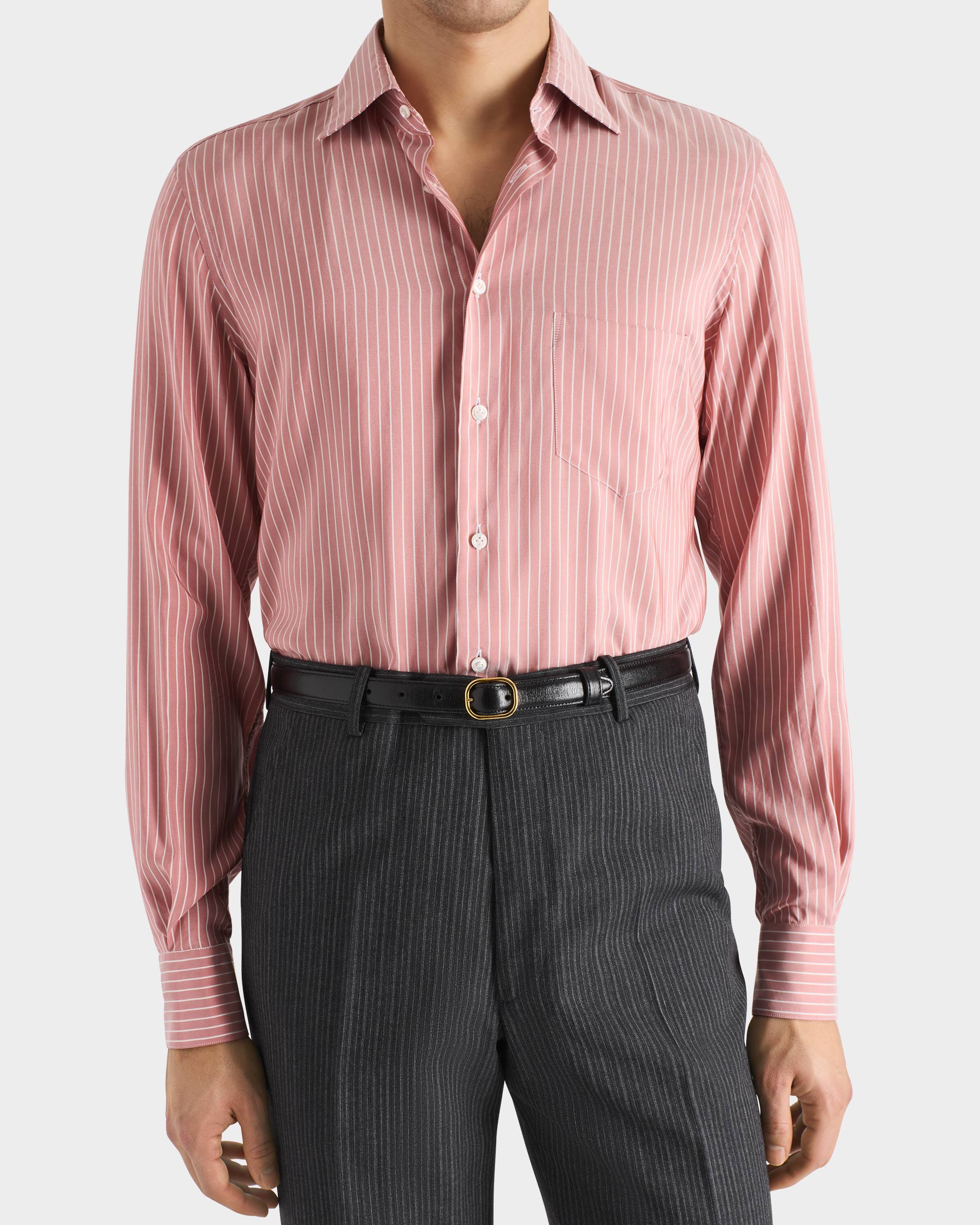 CLASSIC COLLAR SHIRT IN SILK POPLIN - CORAL WITH STRIPES