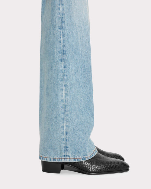 FLARED HIGH-WAISTED JEANS IN COTTON DENIM - BLUE STONE WASH - Husbands Paris - 5