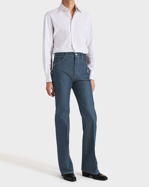 FLARED HIGH-WAISTED JEANS IN COTTON DENIM - GREENCAST INDIGO - Husbands Paris - 3