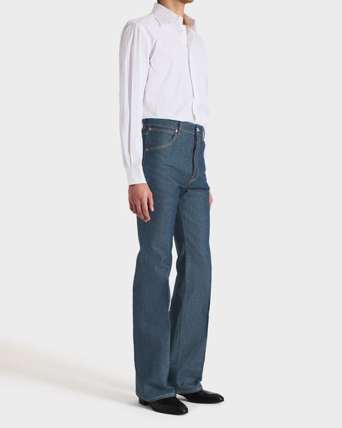 FLARED HIGH-WAISTED JEANS IN COTTON DENIM - GREENCAST INDIGO - Husbands Paris - 4