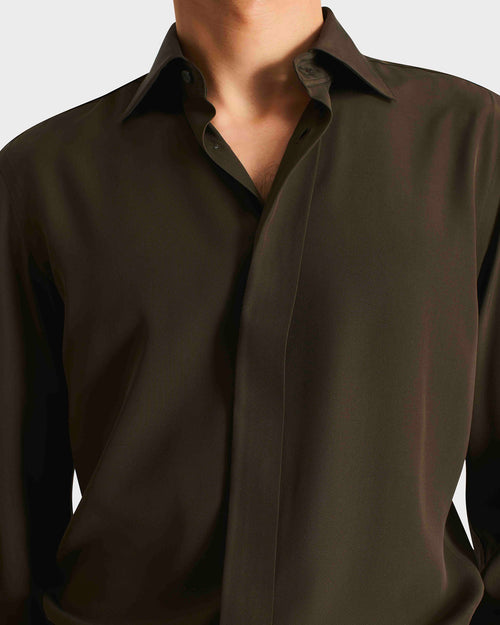 CHEMISE COL CLASSIQUE EN CRÊPE DE SOIE - OLIVE - Husbands Paris - 2