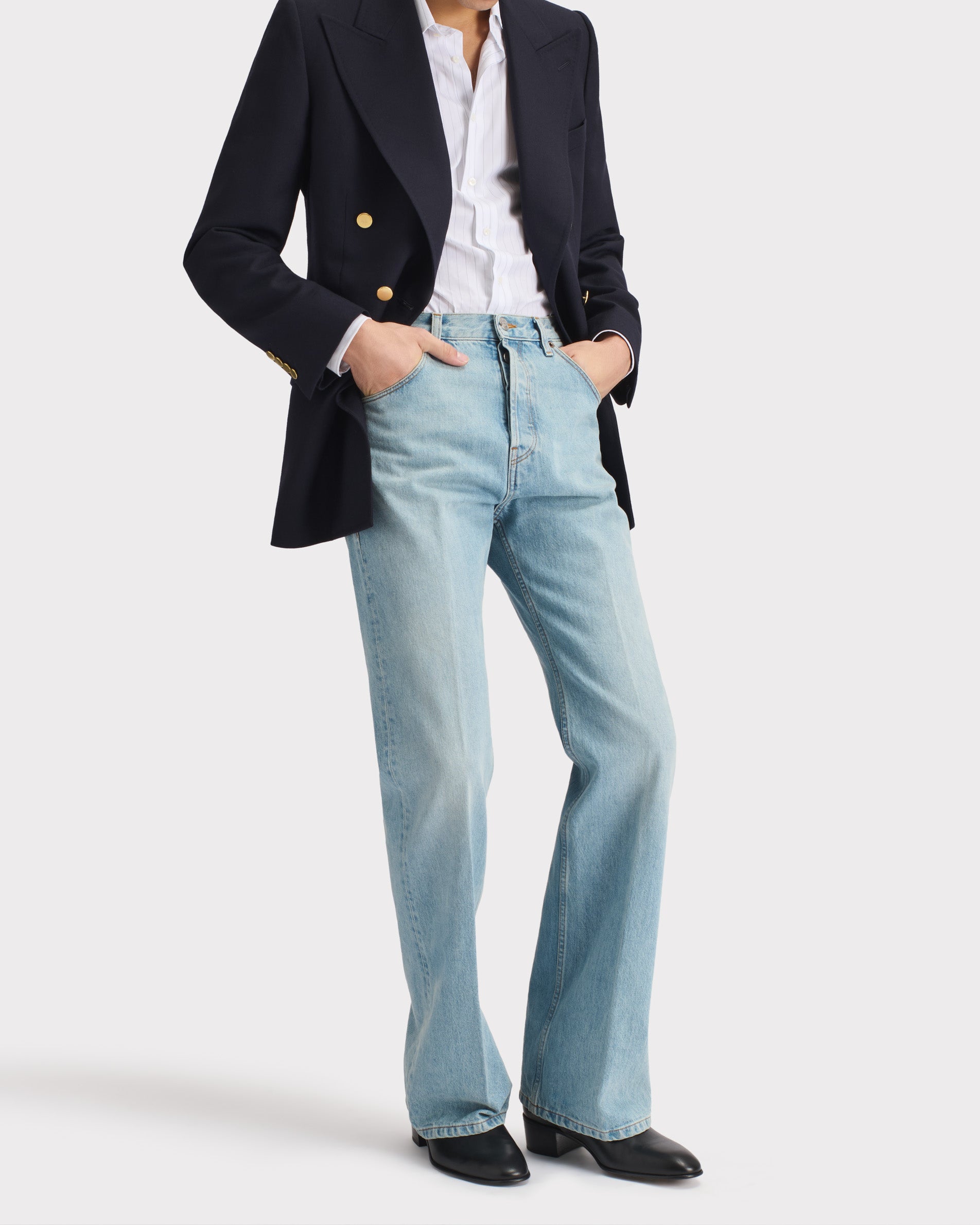 FLARED HIGH-WAISTED JEANS IN DENIM - BLUE STONE WASH | Husbands Paris