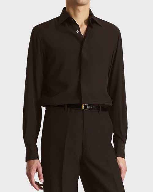 CHEMISE COL CLASSIQUE EN CRÊPE DE SOIE - CHOCOLAT FONCÉ - Husbands Paris - 1