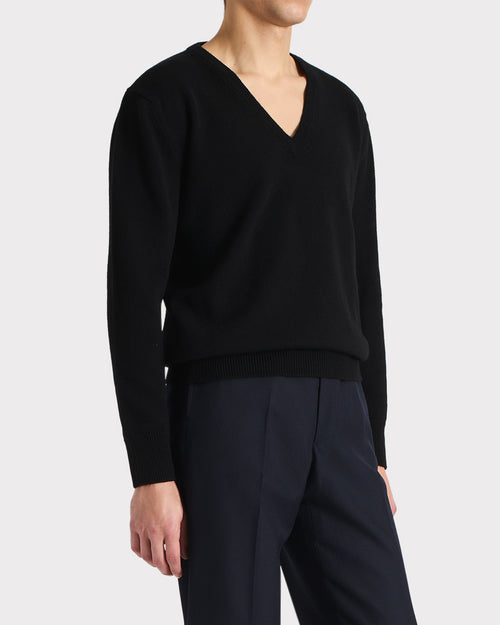 V-NECK SWEATER IN MERINO WOOL – BLACK - Husbands Paris - 1