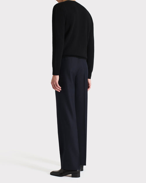 STRAIGHT HIGH-WAISTED TROUSERS IN WOOL TWILL – NAVY - Husbands Paris - 4