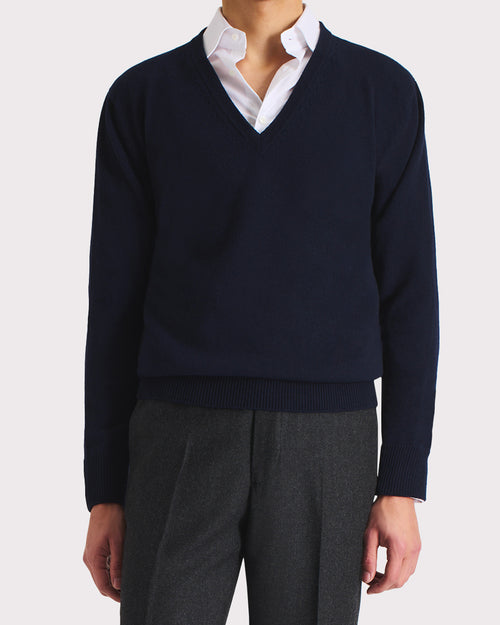 V-NECK SWEATER IN MERINO WOOL – NAVY - Husbands Paris - 1