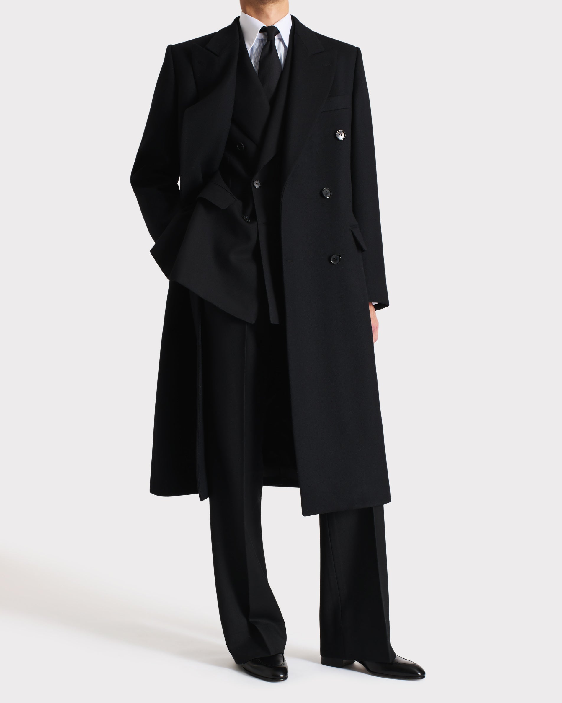 DOUBLE-BREASTED COAT IN VIRGIN WOOL CAVALRY TWILL - BLACK