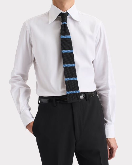 CRAVATE EN SOIE TRICOTÉE - NOIR À RAYURES BLEU - Husbands Paris - 1