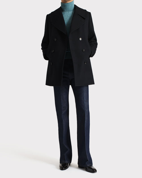 PEA COAT IN VIRGIN WOOL TWILL - BLACK - Husbands Paris - 1