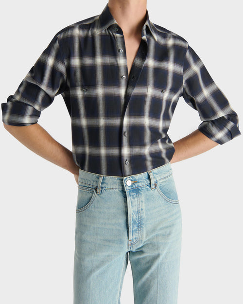 CLASSIC COLLAR SHIRT IN COTTON TWILL - NAVY PLAID - Husbands - 1