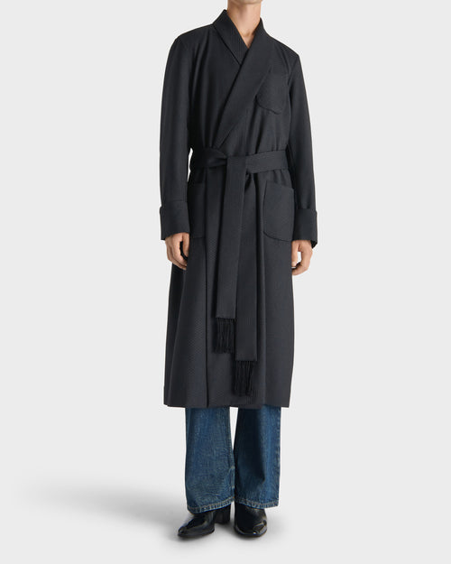 DRESSING GOWN IN VIRGIN WOOL AND SILK - BLACK AND NAVY MICRO PATTERN - Husbands - 1