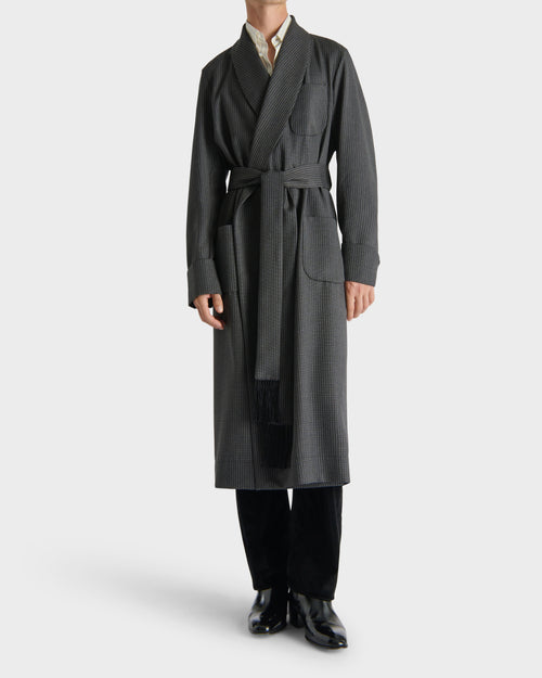 DRESSING GOWN IN VIRGIN WOOL AND SILK - GREY AND BLACK MICRO PATTERN - Husbands - 1