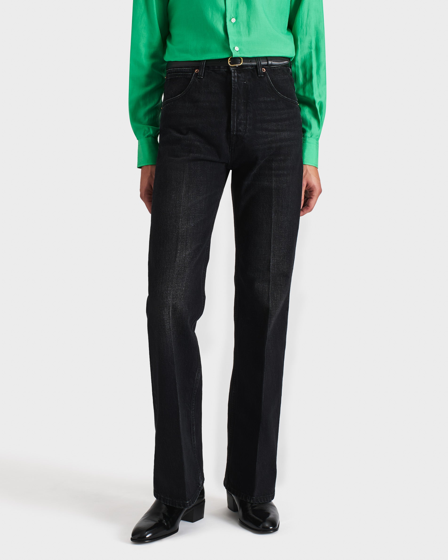 FLARED HIGH-WAISTED JEANS IN DENIM - WASHED BLACK | Husbands FLARED HIGH-WAISTED JEANS IN DENIM - WASHED BLACK | Husbands