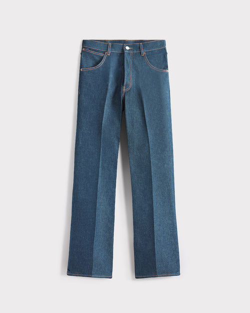 FLARED HIGH-WAISTED JEANS IN COTTON DENIM - GREENCAST INDIGO - Husbands Paris - 1