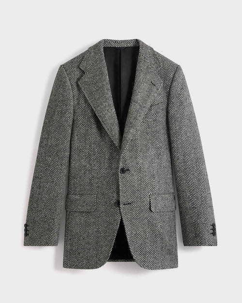 VESTE DROITE EN TWEED DE LAINE - LARGE CHEVRONS NOIR ET BLANC - Husbands Paris - 1