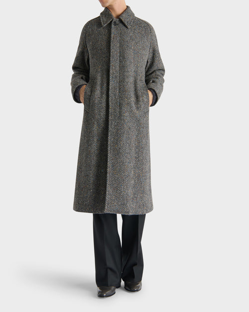 SINGLE-BREASTED COAT IN WOOL DONEGAL TWEED - BLACK AND GREY HERRINGBONE - Husbands - 1
