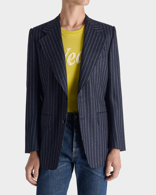 SINGLE-BREASTED JACKET IN WOOL FLANNEL - NAVY WITH WHITE CORD STRIPES - Husbands - 1