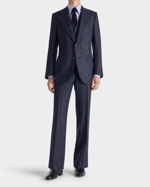 SINGLE-BREASTED 3-PIECE SUIT IN WOOL FLANNEL - NAVY WITH WHITE CORD STRIPES - Husbands - 1