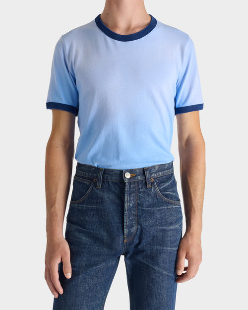 RINGER T-SHIRT IN COTTON JERSEY - LIGHT BLUE & NAVY - Husbands Paris - 1