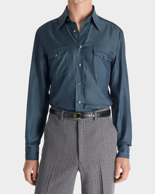 WIDE COLLAR SHIRT IN COTTON & SILK TWILL - INDIGO - Husbands Paris - 1