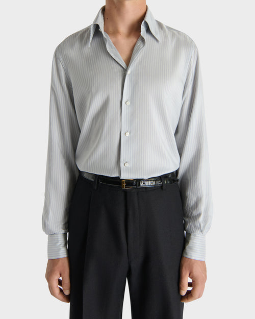 WIDE COLLAR SHIRT IN SILK POPLIN - POWDER BLUE WITH WHITE STRIPES - Husbands - 1