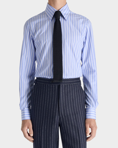 CHEMISE COL LARGE EN POPLINE DE COTON SUPIMA - BLEUE À RAYURES BLANCHES - Husbands Paris - 1