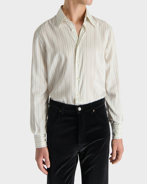WIDE COLLAR SHIRT IN SILK POPLIN - IVORY WITH BLACK STRIPES - Husbands - 1