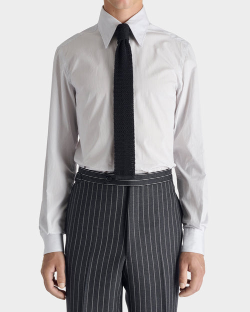 CHEMISE COL LARGE EN POPLINE DE COTON SUPIMA - BLANCHE À RAYURES BLEU MARINE - Husbands Paris - 1