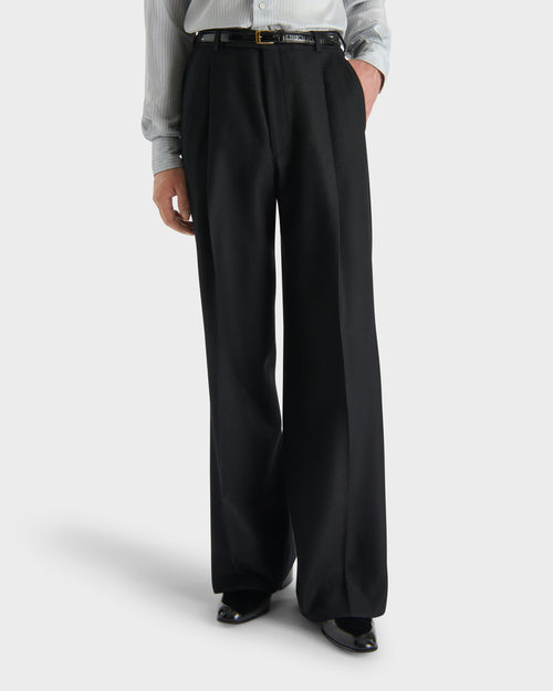 WIDE PLEATED TROUSERS IN WOOL FLANNEL - BLACK - Husbands - 1