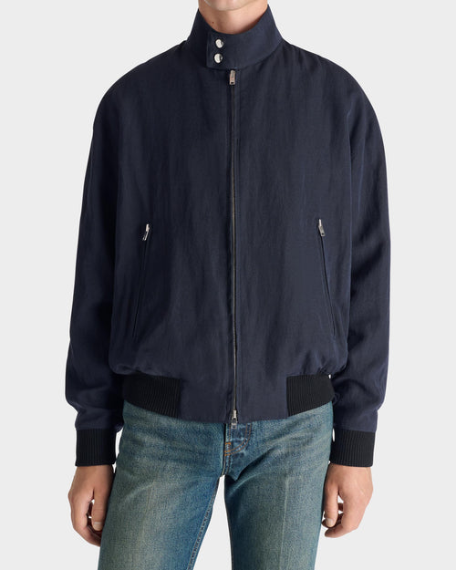 ZIPPED JACKET IN WOOL & LINEN TWILL - NAVY - Husbands Paris - 1