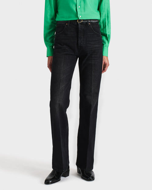FLARED HIGH-WAISTED JEANS IN COTTON DENIM - WASHED BLACK - Husbands Paris - 1