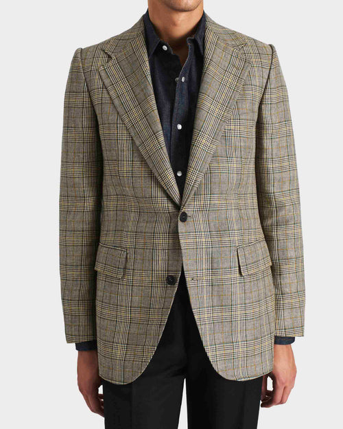 VESTE DROITE EN LAINE PEIGNÉE ET LIN - BLEU MARINE ET TEAL GLENCHECK - Husbands Paris - 1