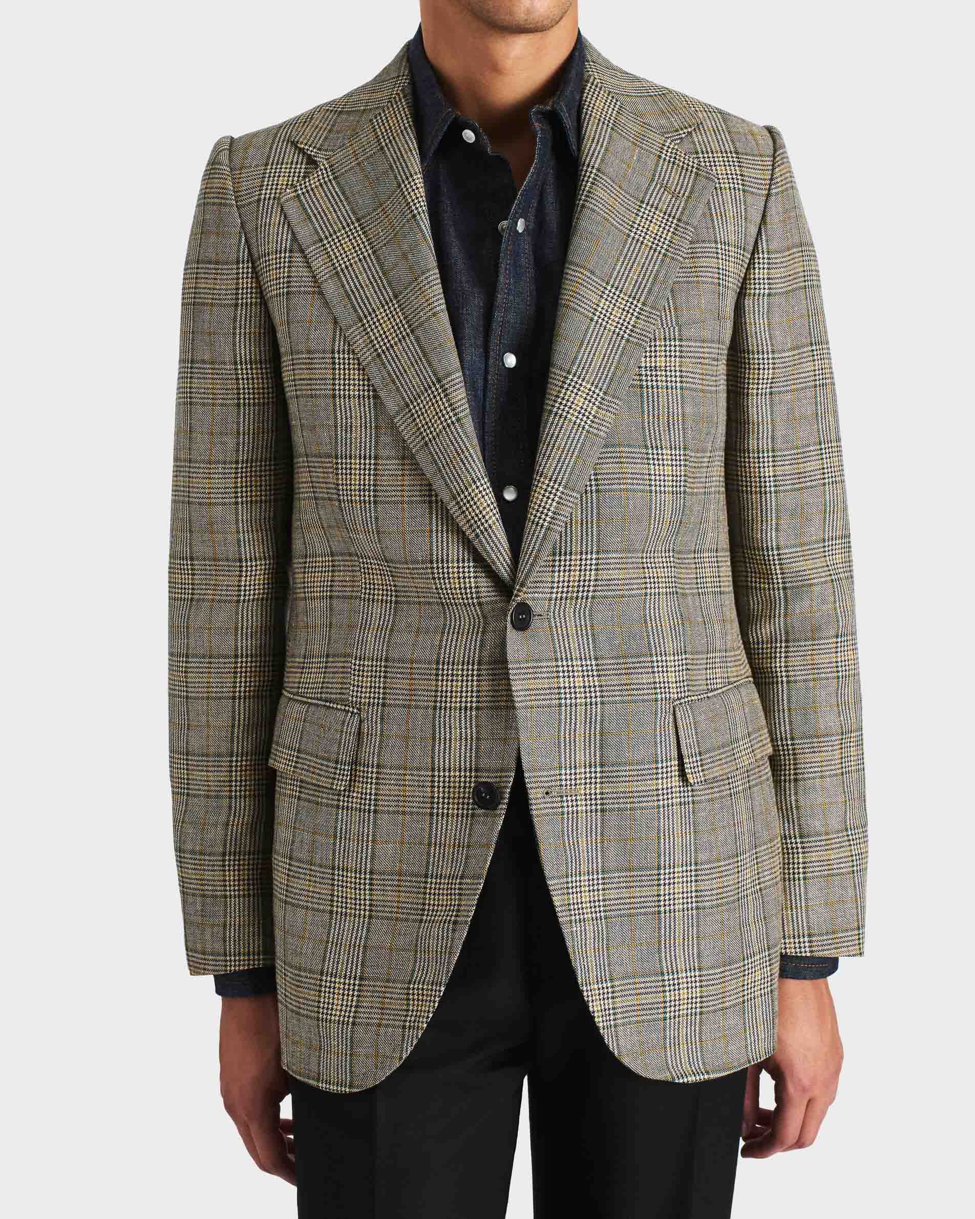 SINGLE-BREASTED JACKET IN WORSTED WOOL & LINEN - NAVY & TEAL GLEN