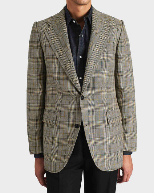 VESTE DROITE EN SERGÉ DE LAINE PEIGNÉE ET LIN - BLEU MARINE ET SARCELLE GLENCHECK - Husbands Paris - 1