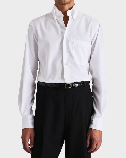 CHEMISE COL LARGE BOUTONNÉ EN COTON PINPOINT - BLANC - Husbands Paris - 1