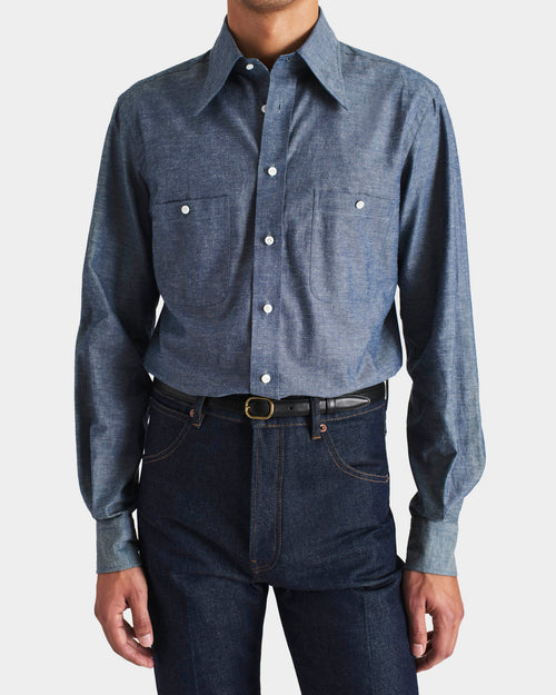CHEMISE COL LARGE EN COTON ET LIN CHAMBRAY - BLEU FONCÉ - Husbands Paris - 1