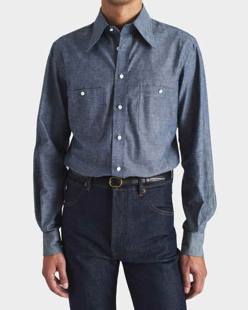 CHEMISE COL LARGE EN CHAMBRAY DE COTON ET LIN - BLEU FONCÉ - Husbands Paris - 1