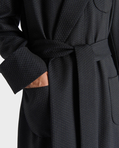 DRESSING GOWN IN VIRGIN WOOL AND SILK - BLACK AND NAVY MICRO PATTERN - Husbands - 2