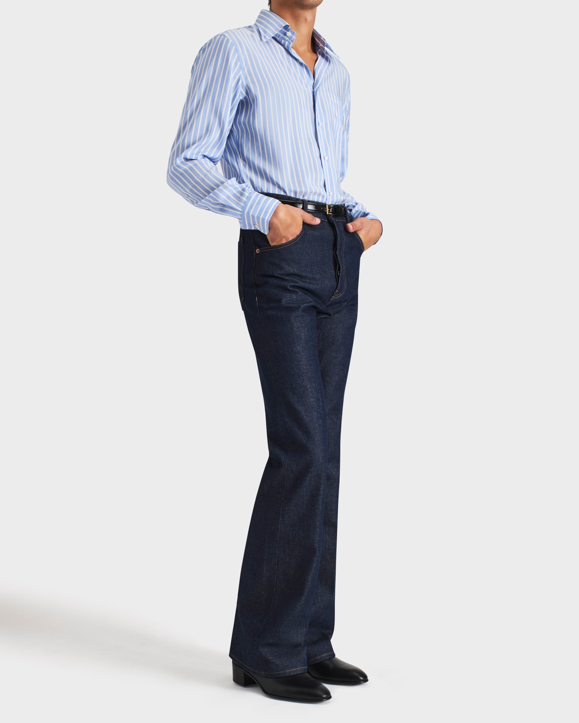 WIDE COLLAR SHIRT IN SILK POPLIN - BLUE AND WHITE BUTCHER STRIPES