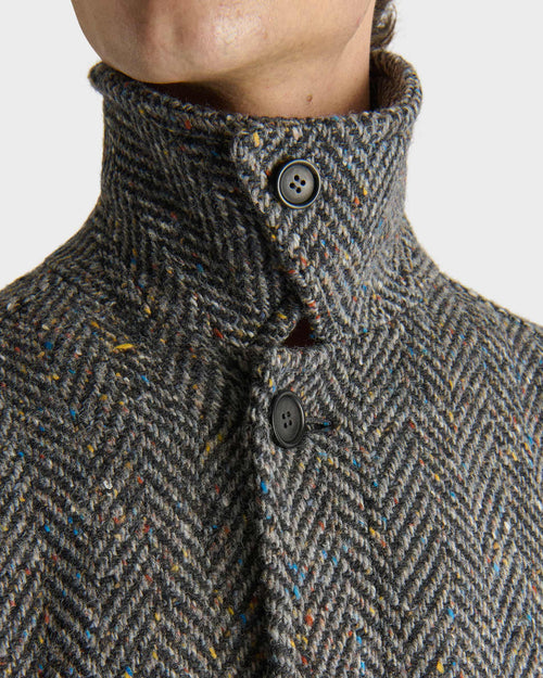 SINGLE-BREASTED COAT IN WOOL DONEGAL TWEED - BLACK AND GREY HERRINGBONE - Husbands - 2