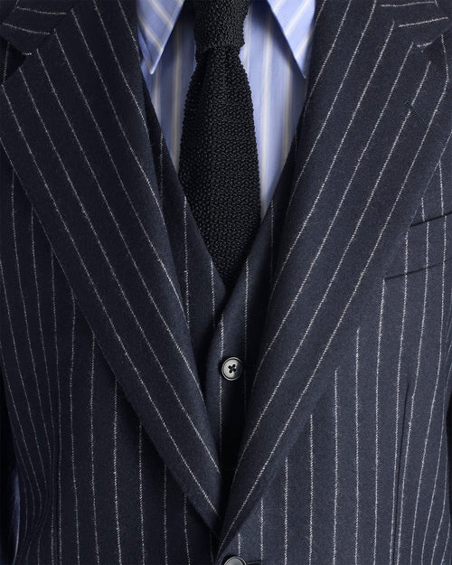 SINGLE-BREASTED 3-PIECE SUIT IN WOOL FLANNEL - NAVY WITH WHITE CORD STRIPES - Husbands - 2