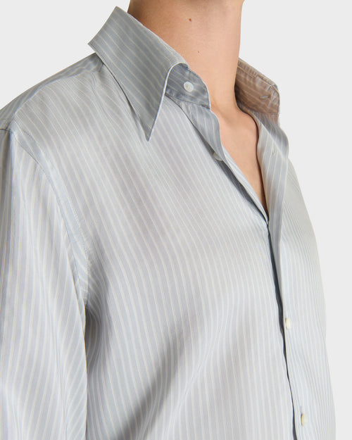 WIDE COLLAR SHIRT IN SILK POPLIN - POWDER BLUE WITH WHITE STRIPES - Husbands - 2