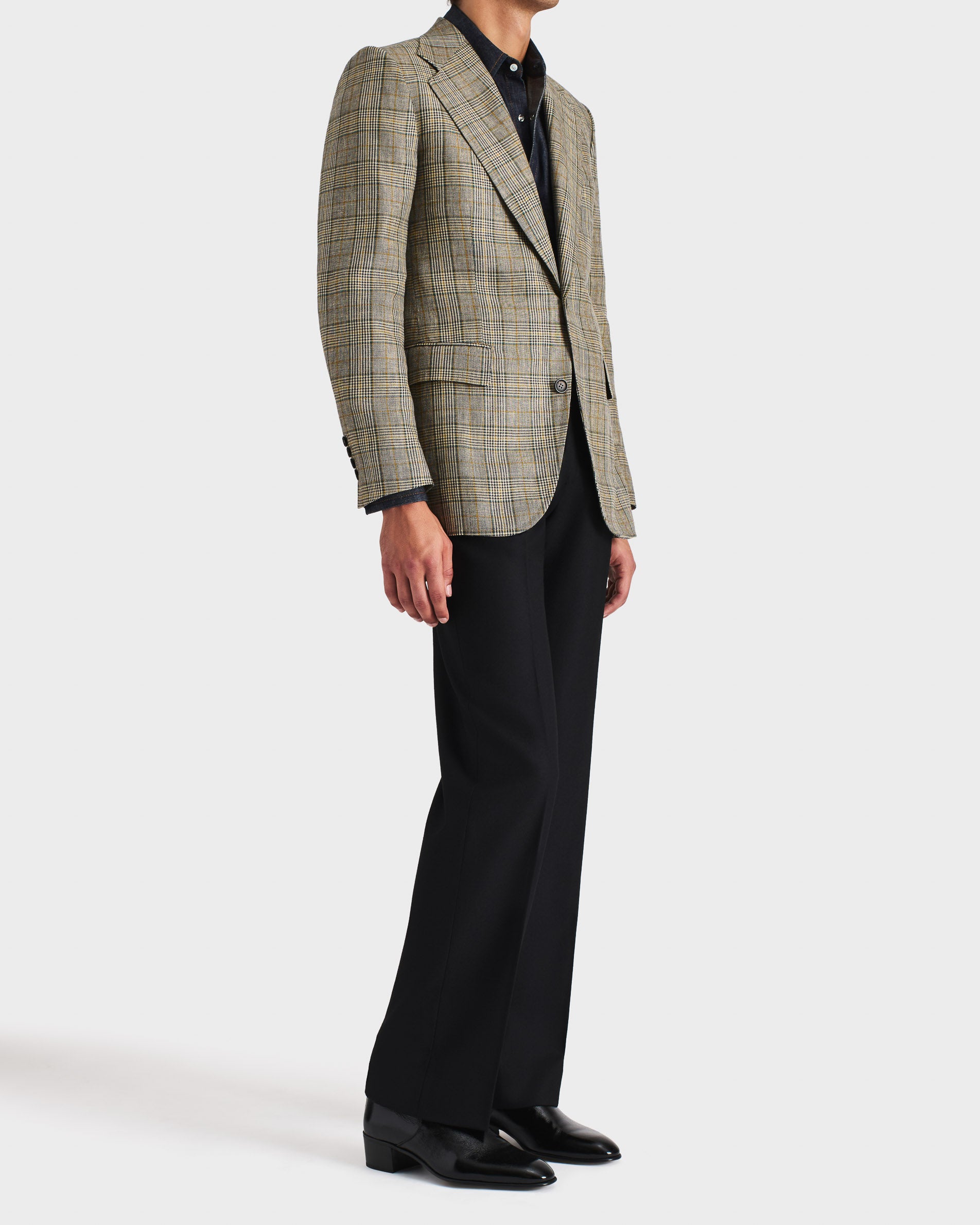 SINGLE-BREASTED JACKET IN WORSTED WOOL & LINEN - NAVY & TEAL GLEN