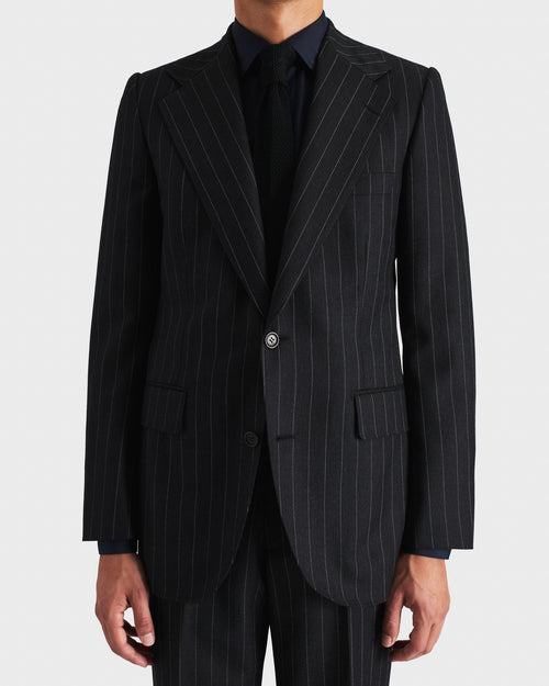 COSTUME DROIT EN SERGÉ DE LAINE PEIGNÉE - ANTHRACITE À RAYURES GRISES - Husbands Paris - 4