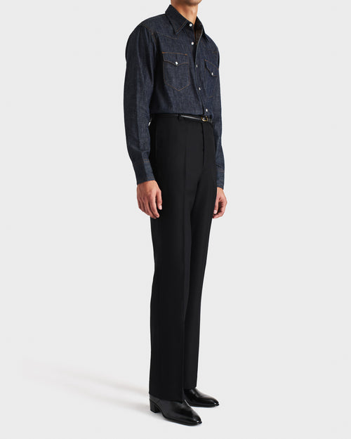 PANTALON DROIT EN SERGÉ DE LAINE PEIGNÉE - NOIR - Husbands Paris - 5