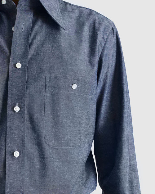 CHEMISE COL LARGE EN CHAMBRAY DE COTON ET LIN - BLEU FONCÉ - Husbands Paris - 2