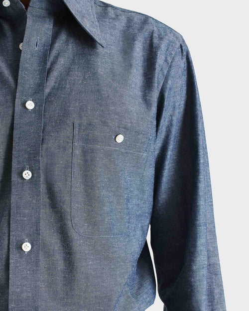 CHEMISE COL LARGE EN COTON ET LIN CHAMBRAY - BLEU FONCÉ - Husbands Paris - 2