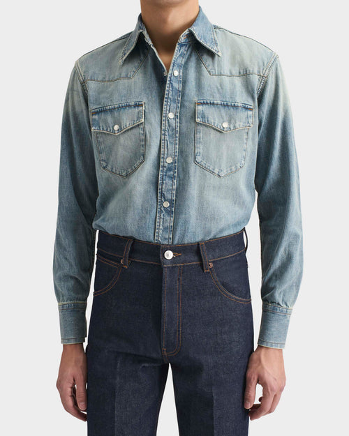 WESTERN SHIRT IN SELVEDGE COTTON DENIM - BLUE STONE WASHED - Husbands Paris - 3